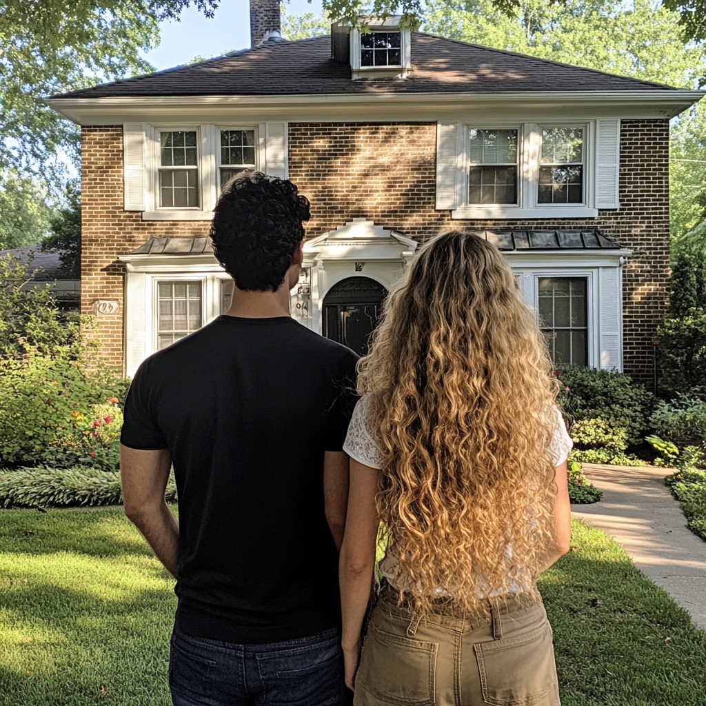 Un couple debout devant une maison | Source : Midjourney