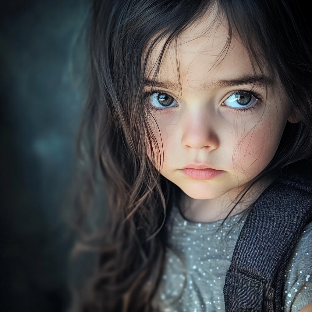 Une petite fille triste avec un sac à dos sur les épaules | Source : Midjourney