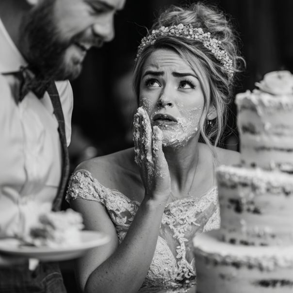 La mariée est incrédule, de la crème à gâteau sur le visage tandis que le marié rit | Source : Midjourney