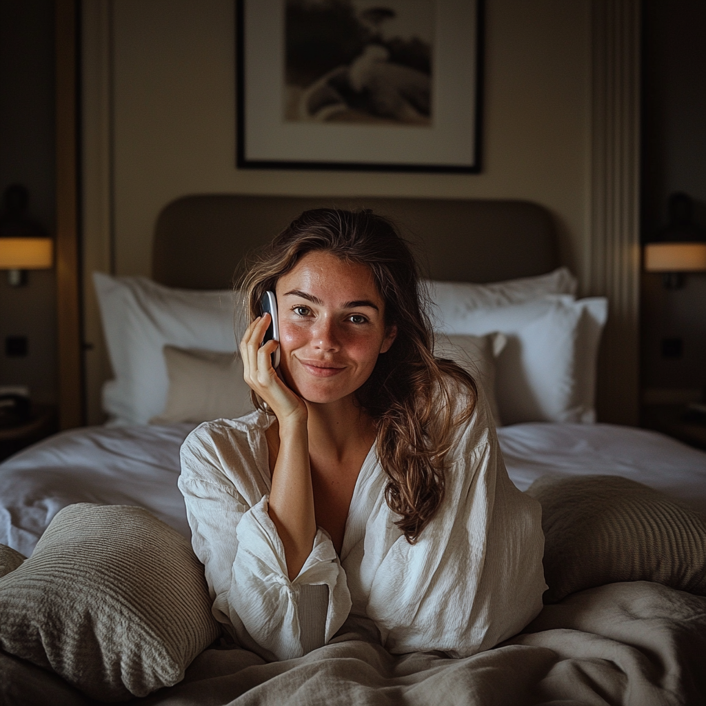 Femme dans une chambre d'hôtel passant un appel téléphonique | Source : Midjourney