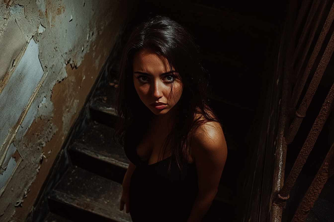 Une femme debout sur un escalier de sous-sol | Source : Midjourney