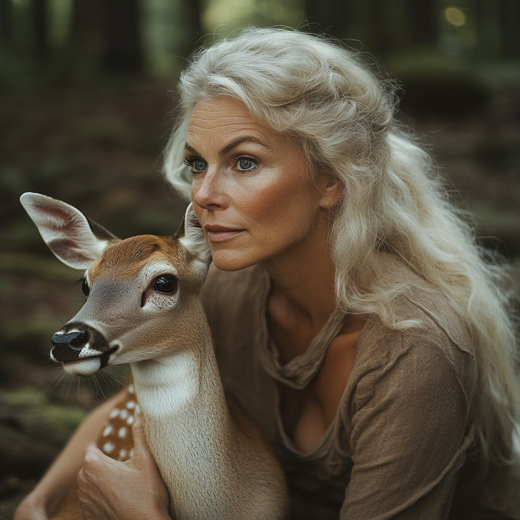 Une femme tenant un cerf | Source : Midjourney