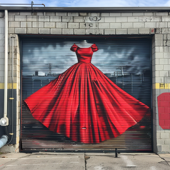 Une belle peinture murale d'une robe rouge sur une porte de garage | Source : Midjourney