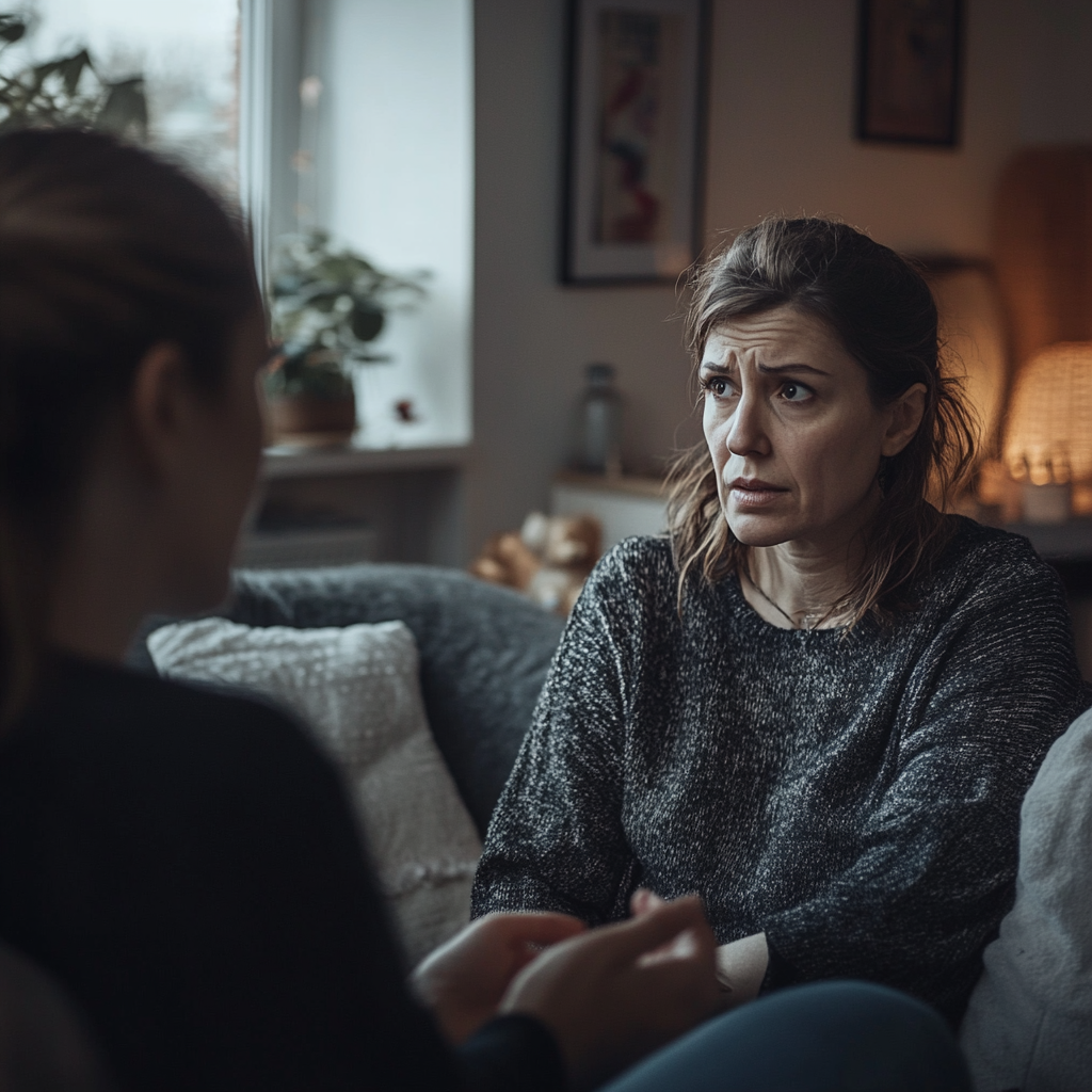 Une femme qui parle à sa sœur dans le salon ⏐ Source : Midjourney