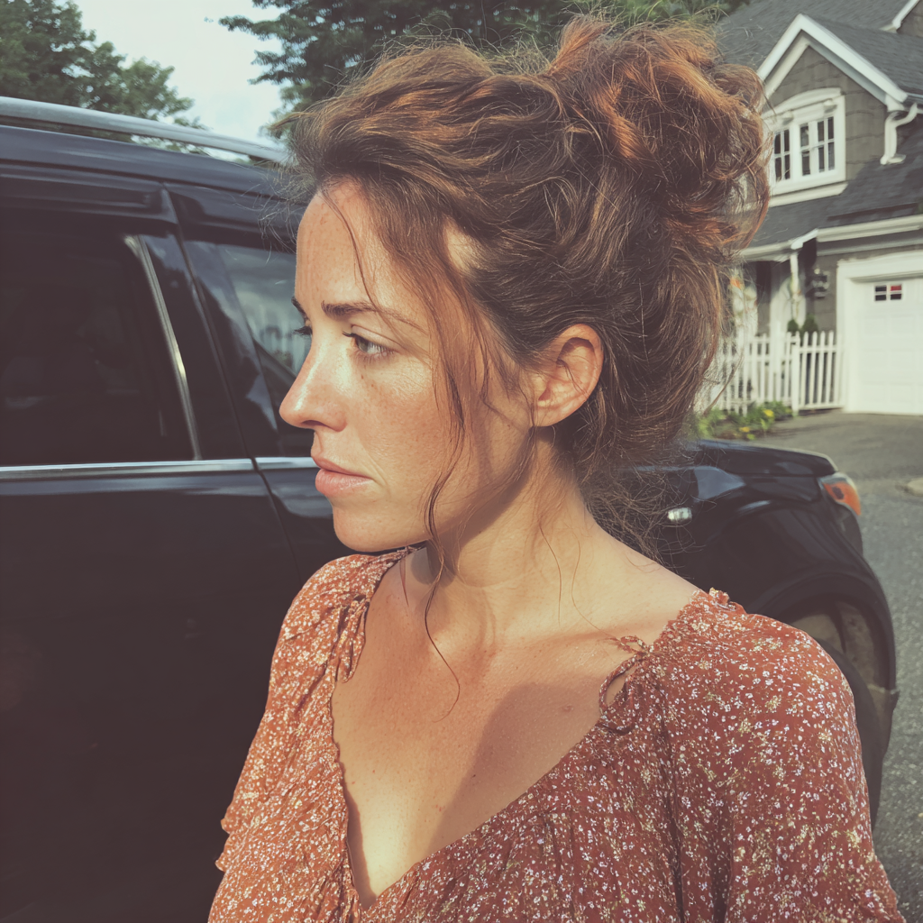 Une femme debout devant une voiture | Source : Midjourney