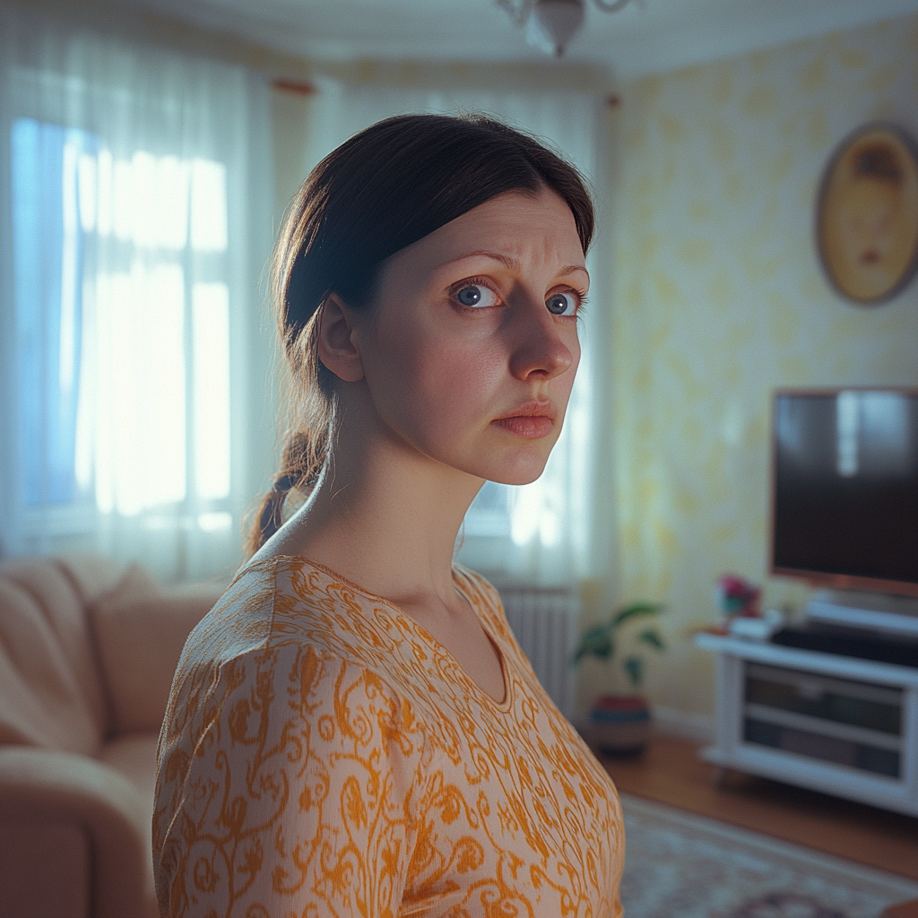 Une femme inquiète debout dans sa maison | Source : Midjourney