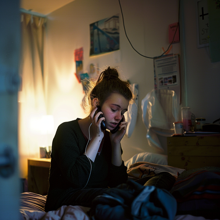 Une jeune femme qui parle au téléphone dans sa chambre | Source : Midjourney