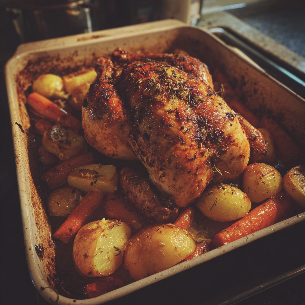 Un poulet rôti et des légumes dans une barquette de four | Source : Midjourney