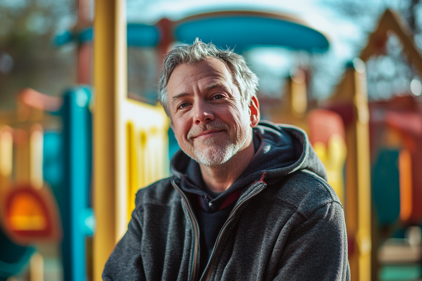 Homme souriant sur une aire de jeux extérieure d'un centre pour enfants | Source : Midjourney