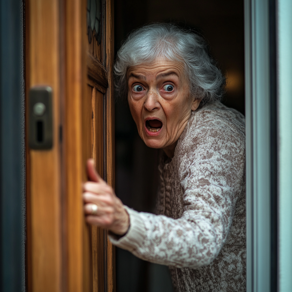 Une femme âgée choquée qui ouvre sa porte | Source : Midjourney