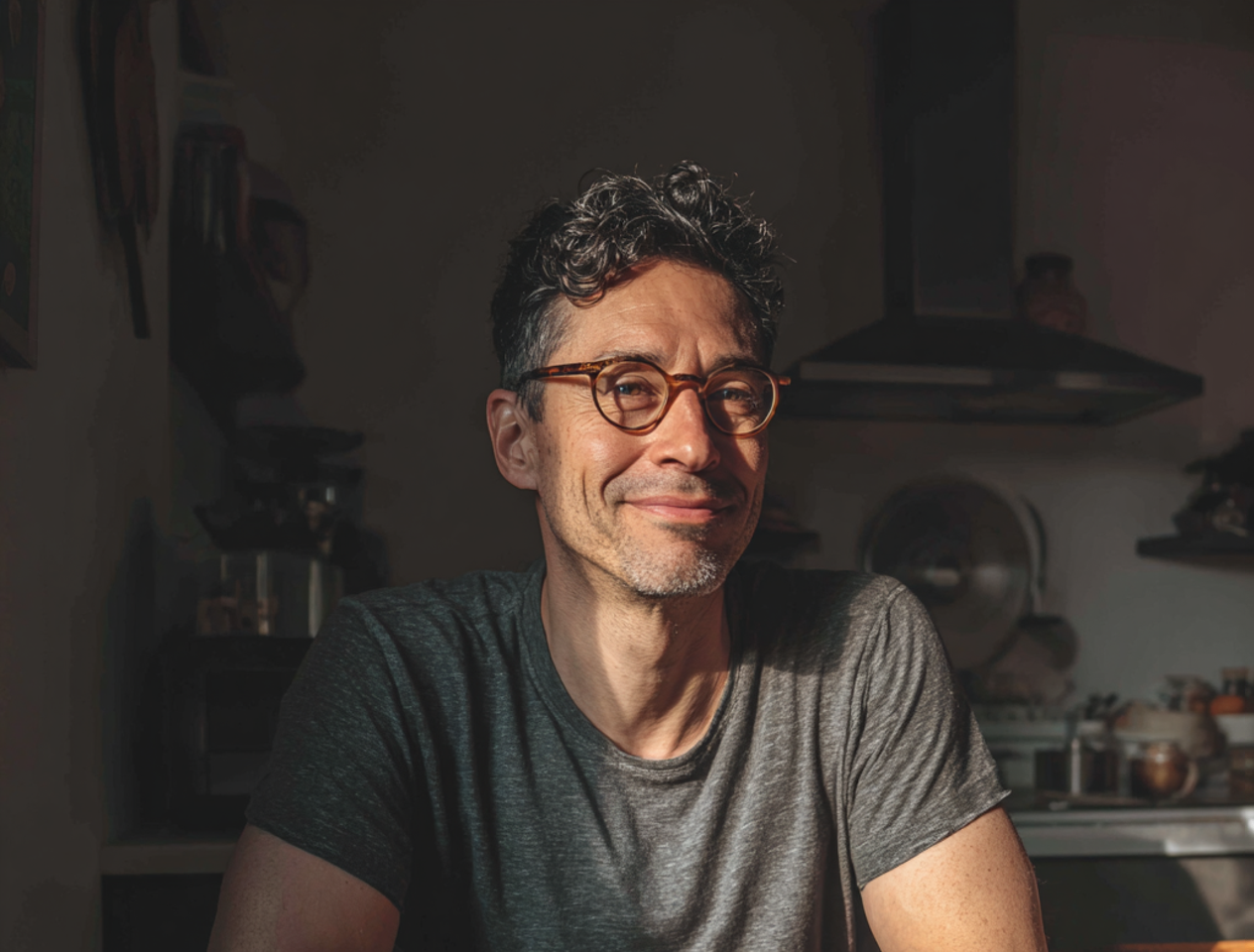 Un homme souriant assis à une table de cuisine | Source : Midjourney