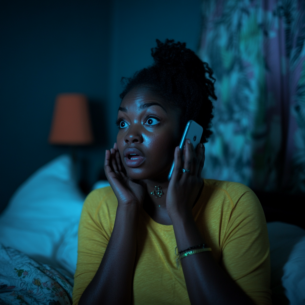 Shocked woman talking on the phone | Source: Midjourney