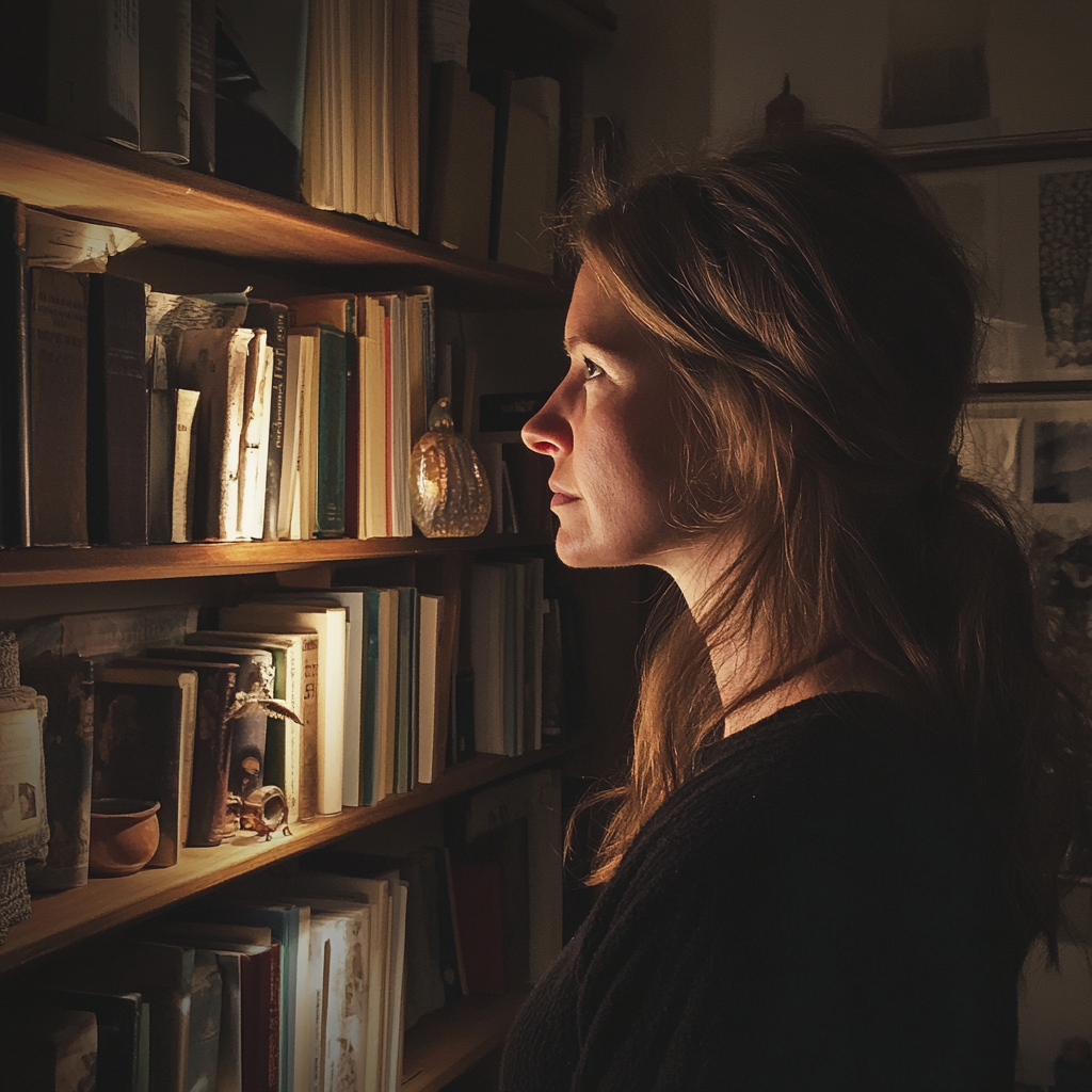 Une femme debout devant une étagère de livres | Source : Midjourney