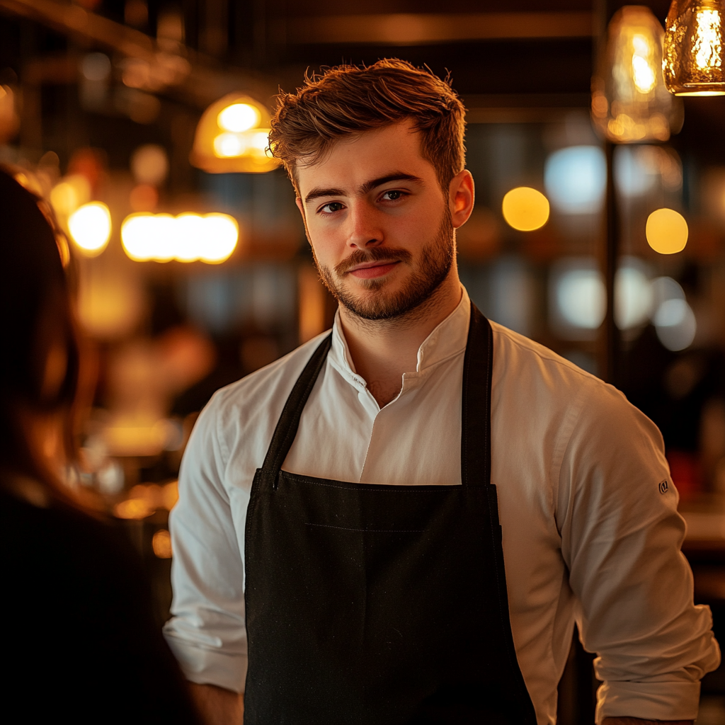 Un serveur a l'air calme et posé alors qu'il se tient dans un restaurant | Source : Midjourney