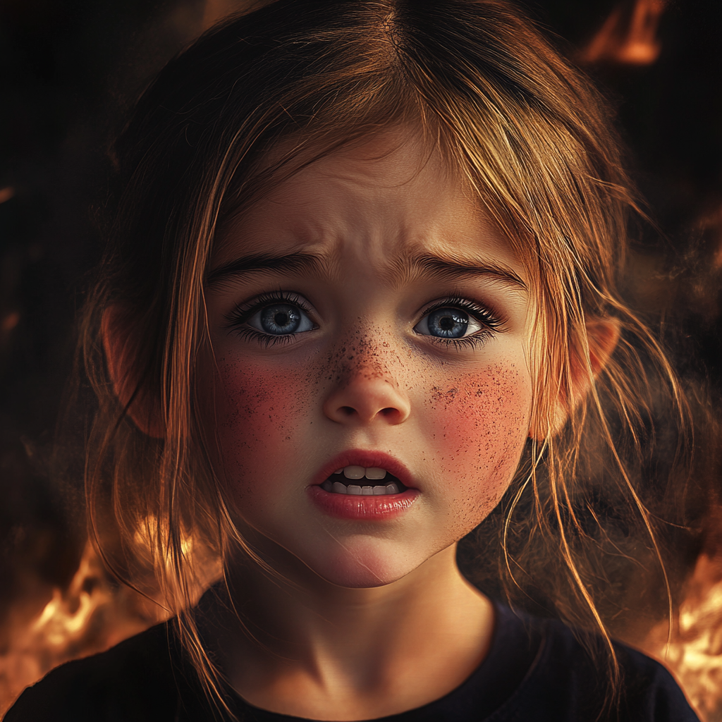 Une petite fille effrayée piégée dans un bâtiment en feu | Source : Midjourney