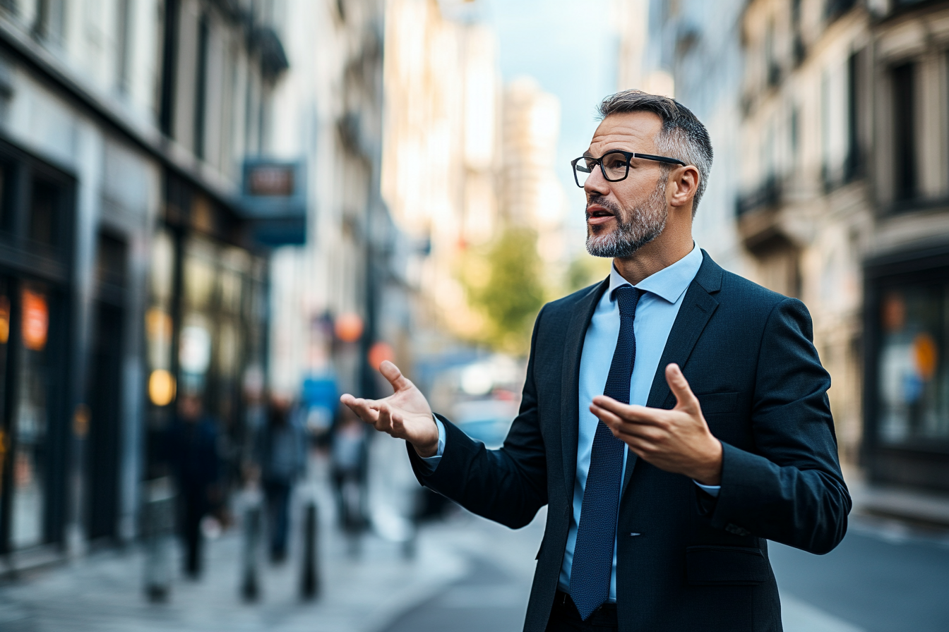 Un homme d'affaires parle à quelqu'un au coin d'une rue | Source : Midjourney