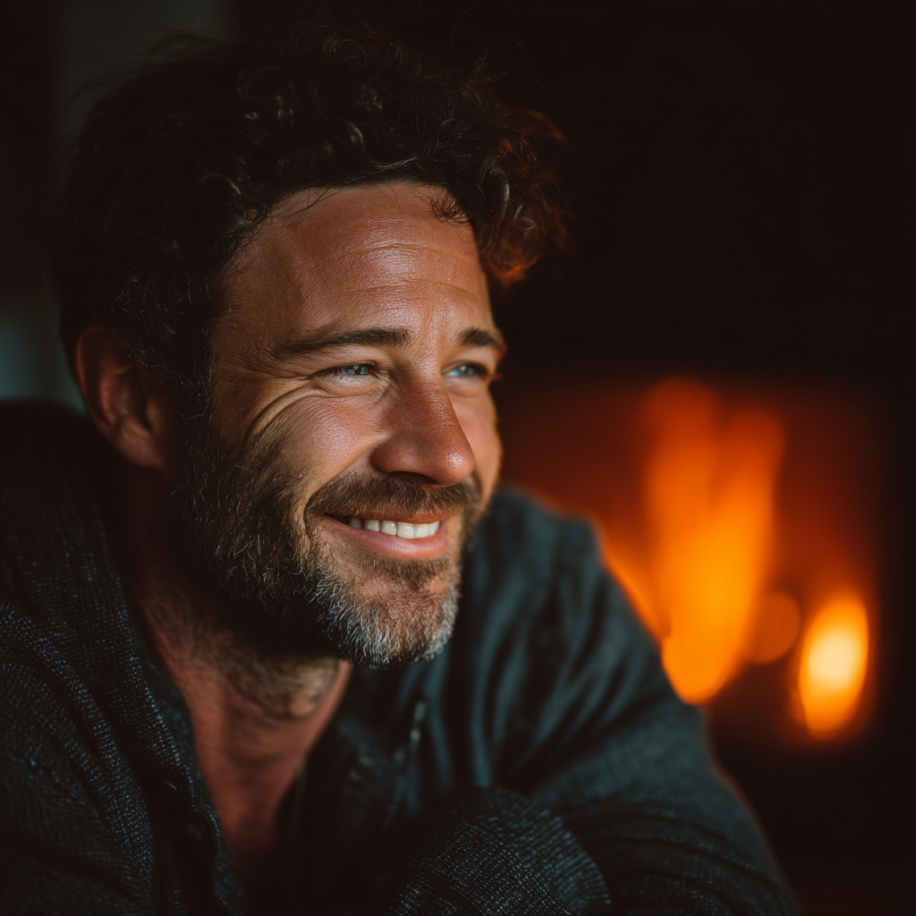 Un homme heureux assis près de la cheminée de sa maison | Source : Midjourney