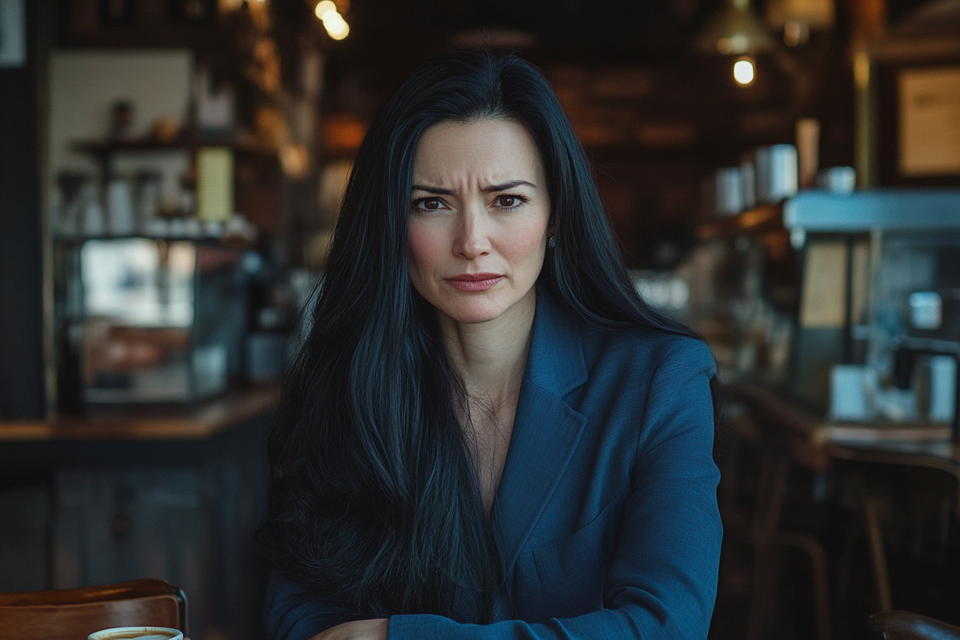 Une femme assise dans un café, l'air contrarié et confus | Source : Midjourney