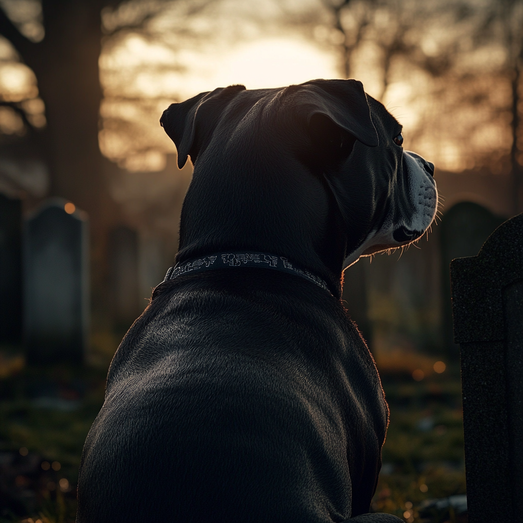 Un Pitbull en deuil assis dans un cimetière | Source : Midjourney