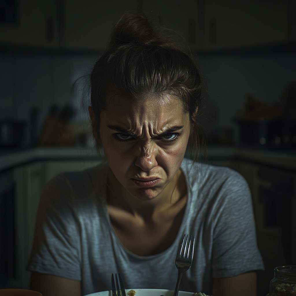 Une femme en colère tenant une fourchette | Source : Midjourney