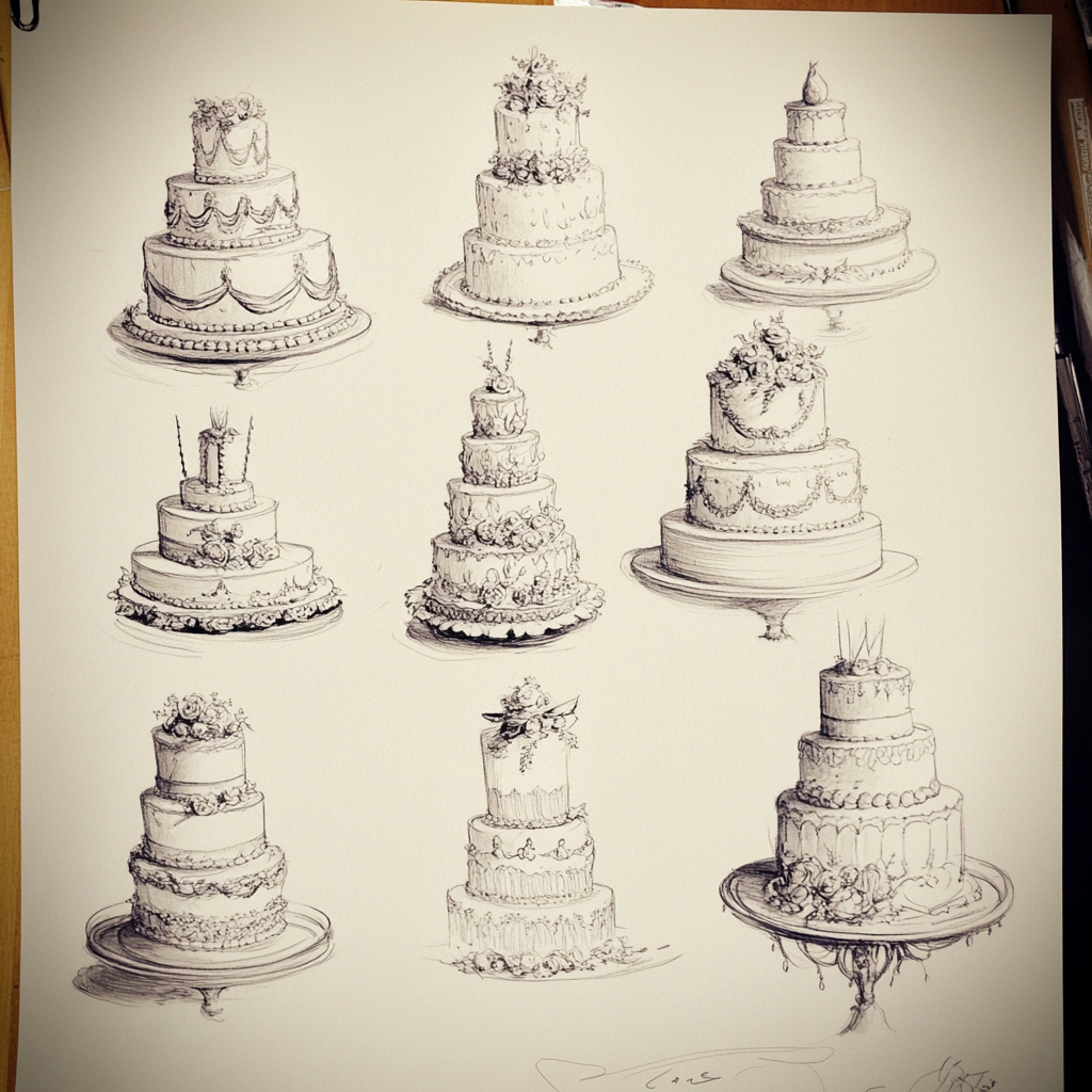 Croquis de gâteaux de mariage | Source : Midjourney