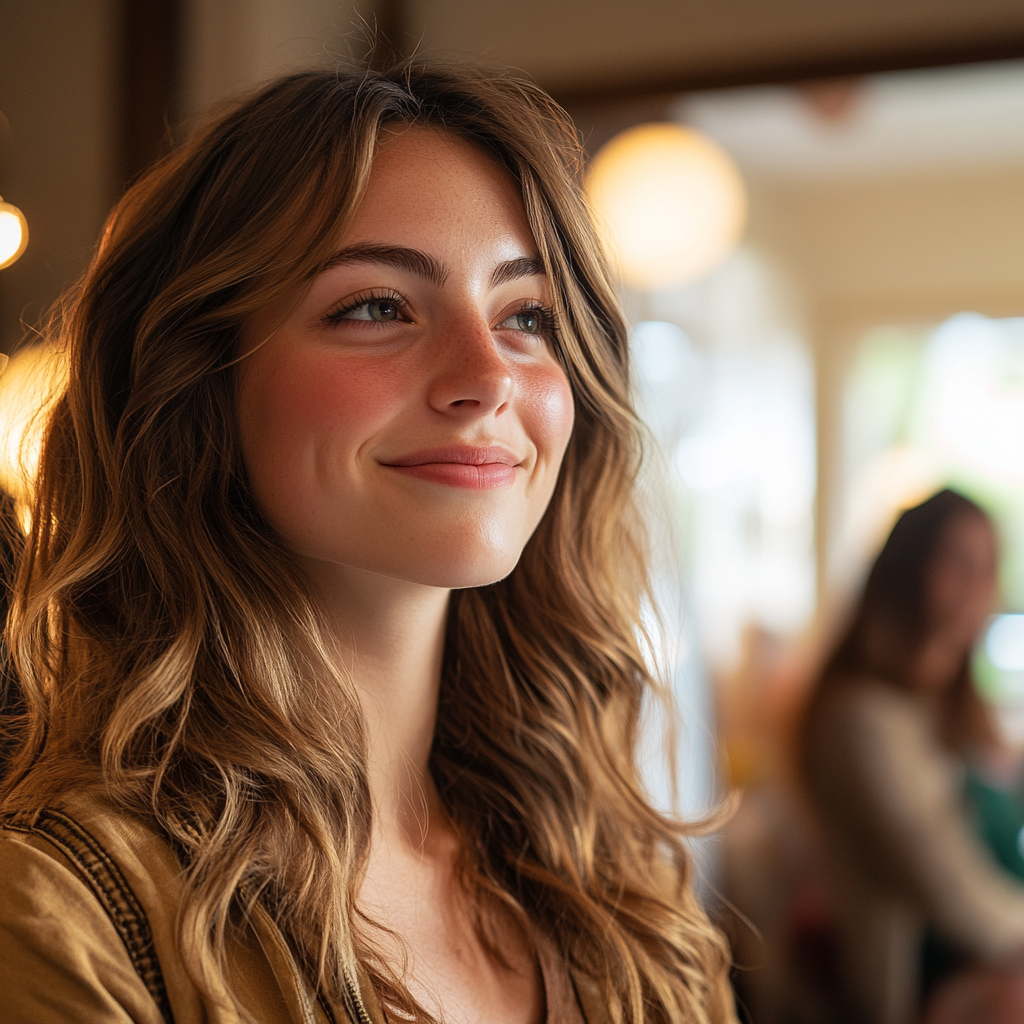 Une femme force un sourire en regardant quelqu'un | Source : Midjourney