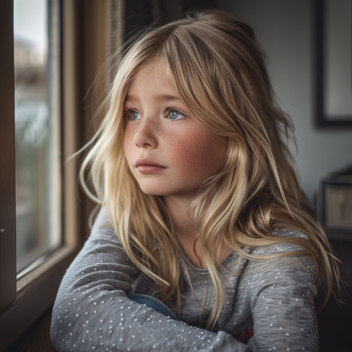 Une petite fille triste et pensive qui regarde par la fenêtre | Source : Midjourney