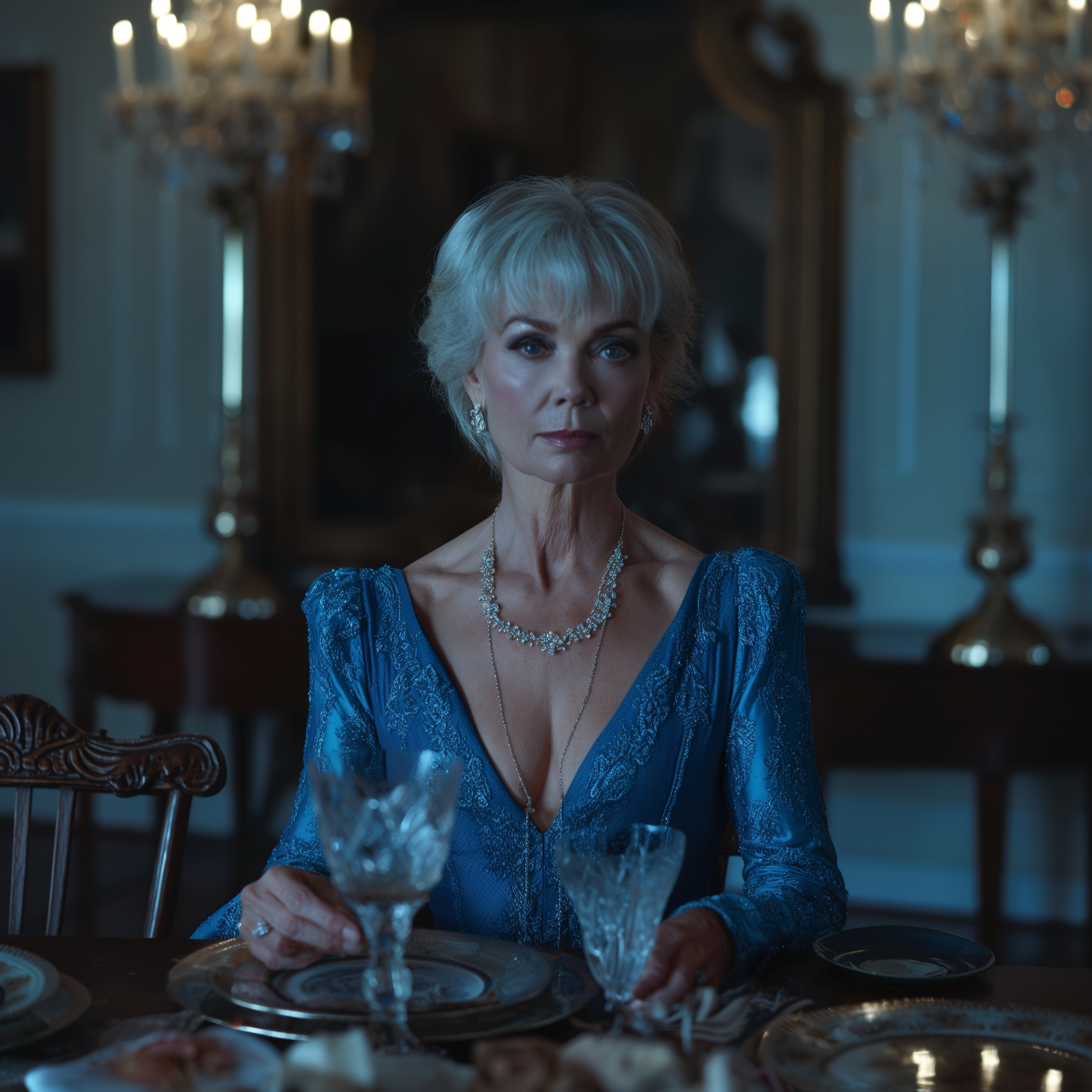 Une femme à l'air sérieuse à une table de dîner | Source : Midjourney