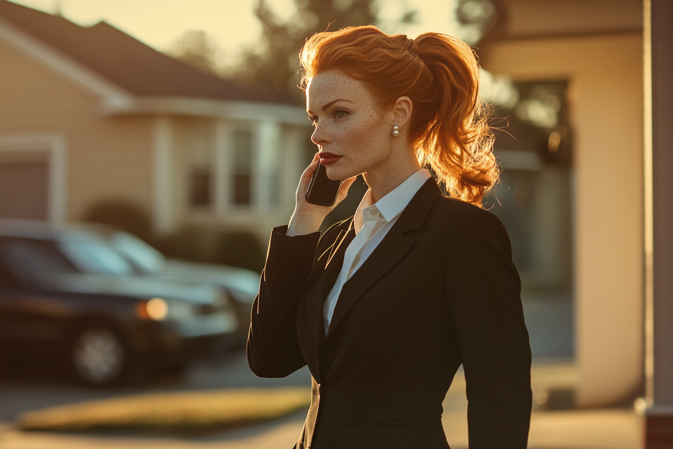 Une femme d'une quarantaine d'années en vêtements de travail tenant un téléphone à l'oreille et marchant dans la rue, l'air sérieux | Source : Midjourney