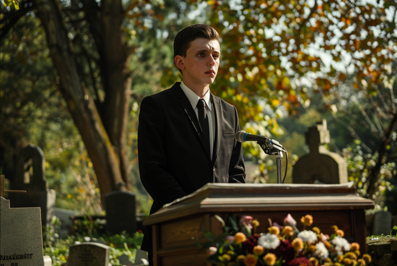 A young man speaking at his grandfather's funeral | Source: Midjourney