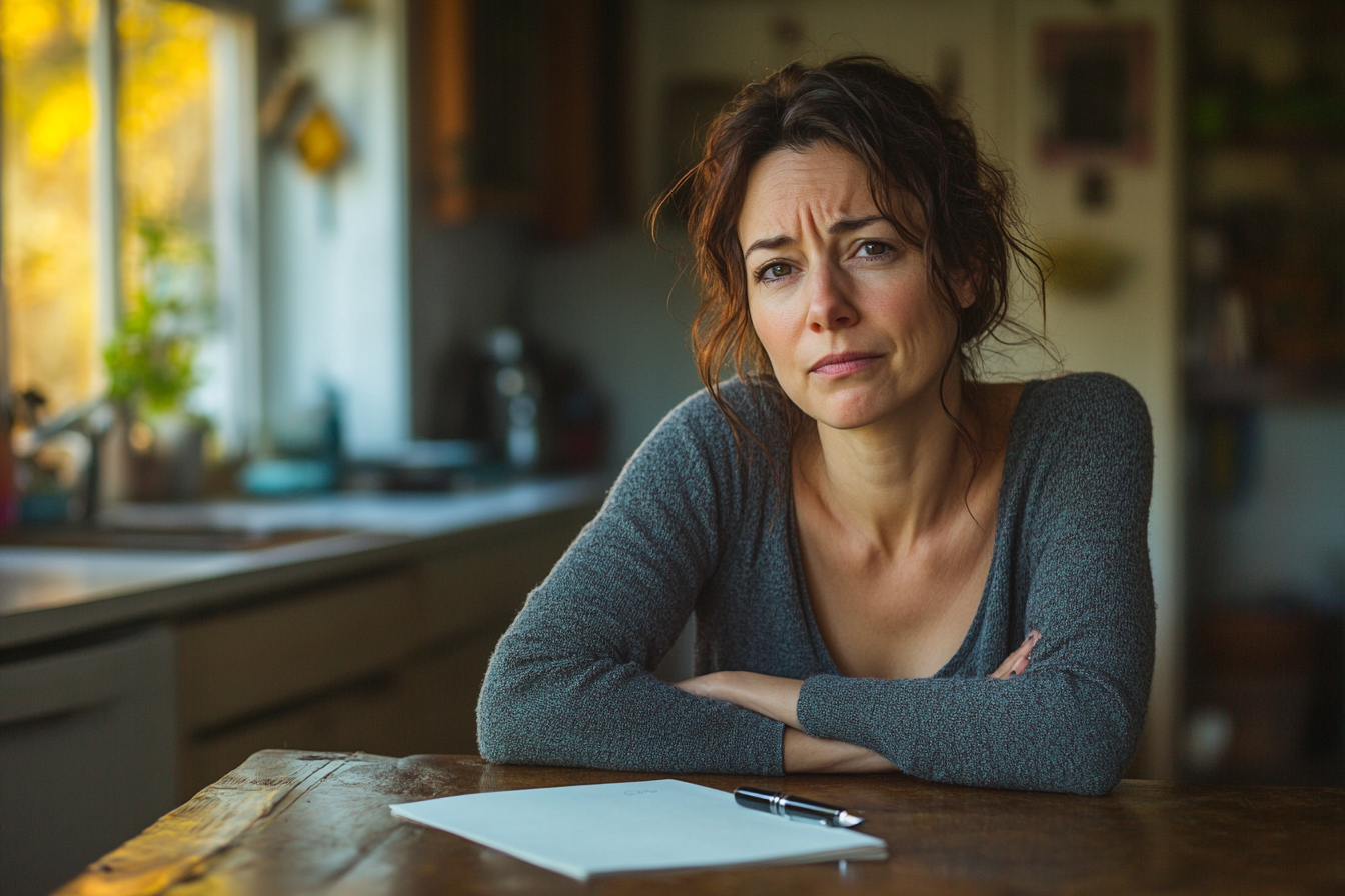 Une femme renfrognée assise à une table de cuisine avec des documents et un stylo | Source : Midjourney