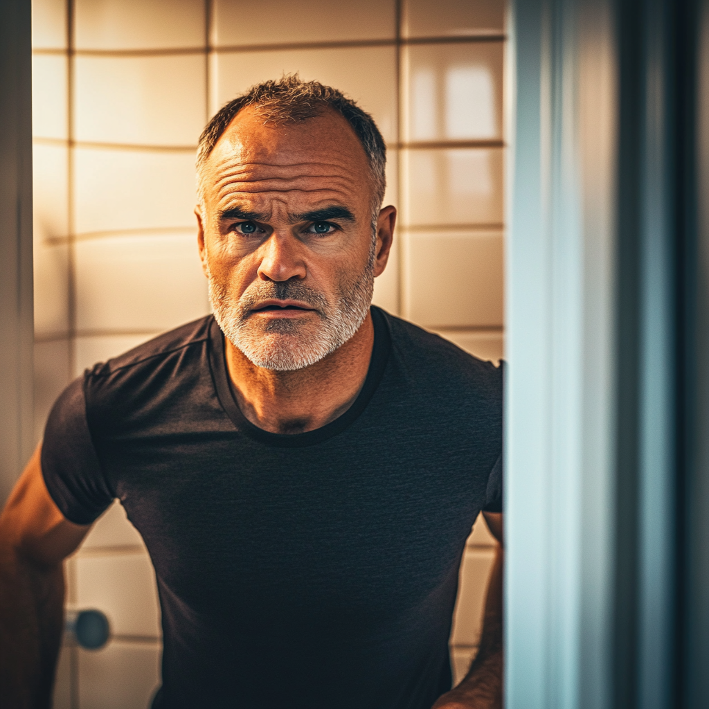 Un homme respirant fortement et transpirant pendant une séance d'entraînement dans la salle de bain | Source : Midjourney