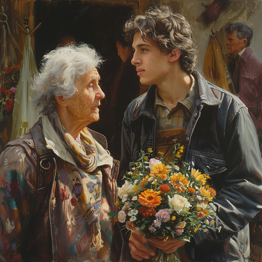 Une femme âgée et un jeune homme portant un bouquet de fleurs | Source : Midjourney