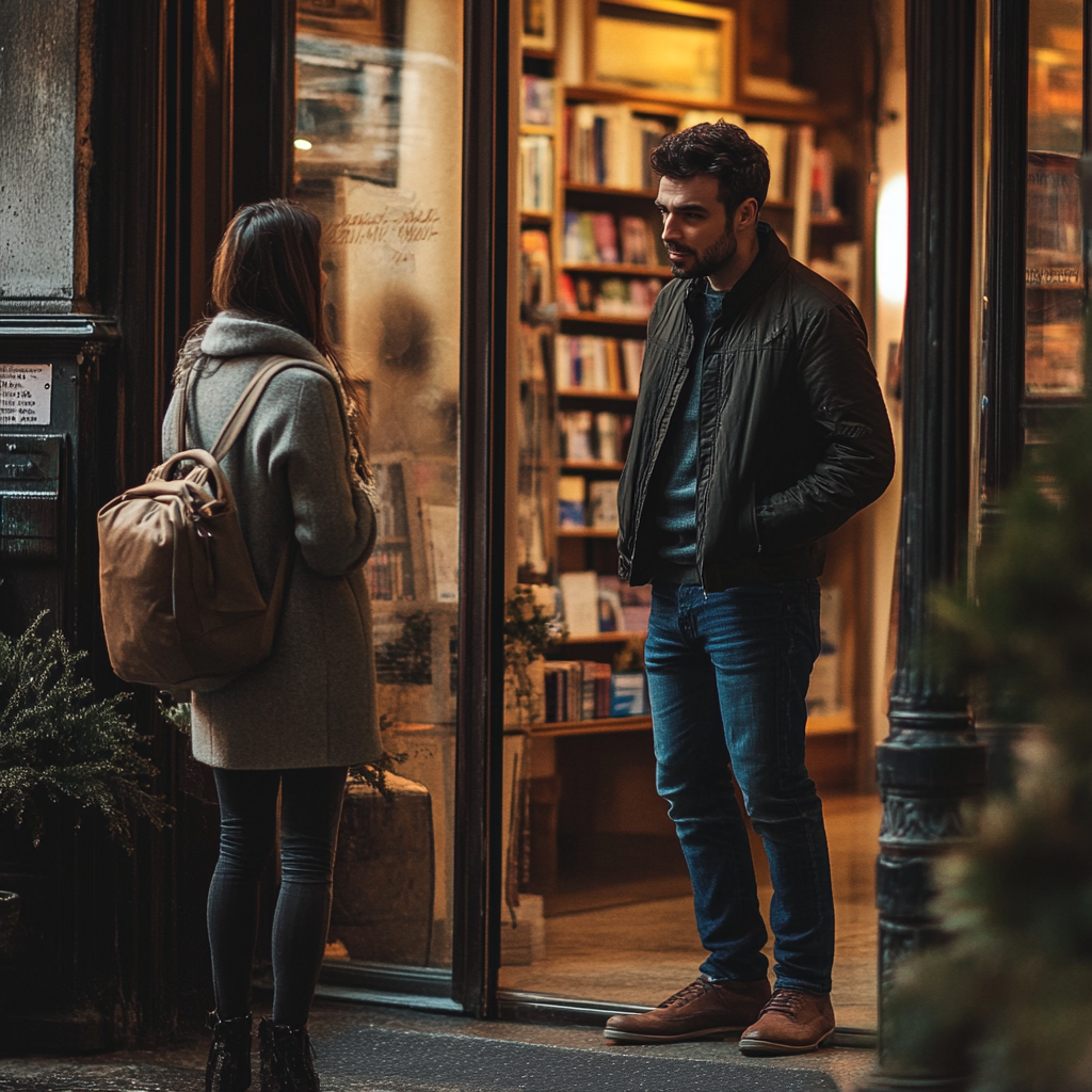 Un homme à l'air méchant en tenue décontractée intelligente parle à une femme à l'extérieur d'une librairie | Source : Midjourney