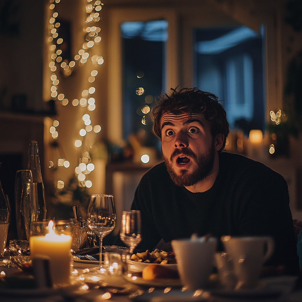 Un homme choqué à table | Source : Midjourney