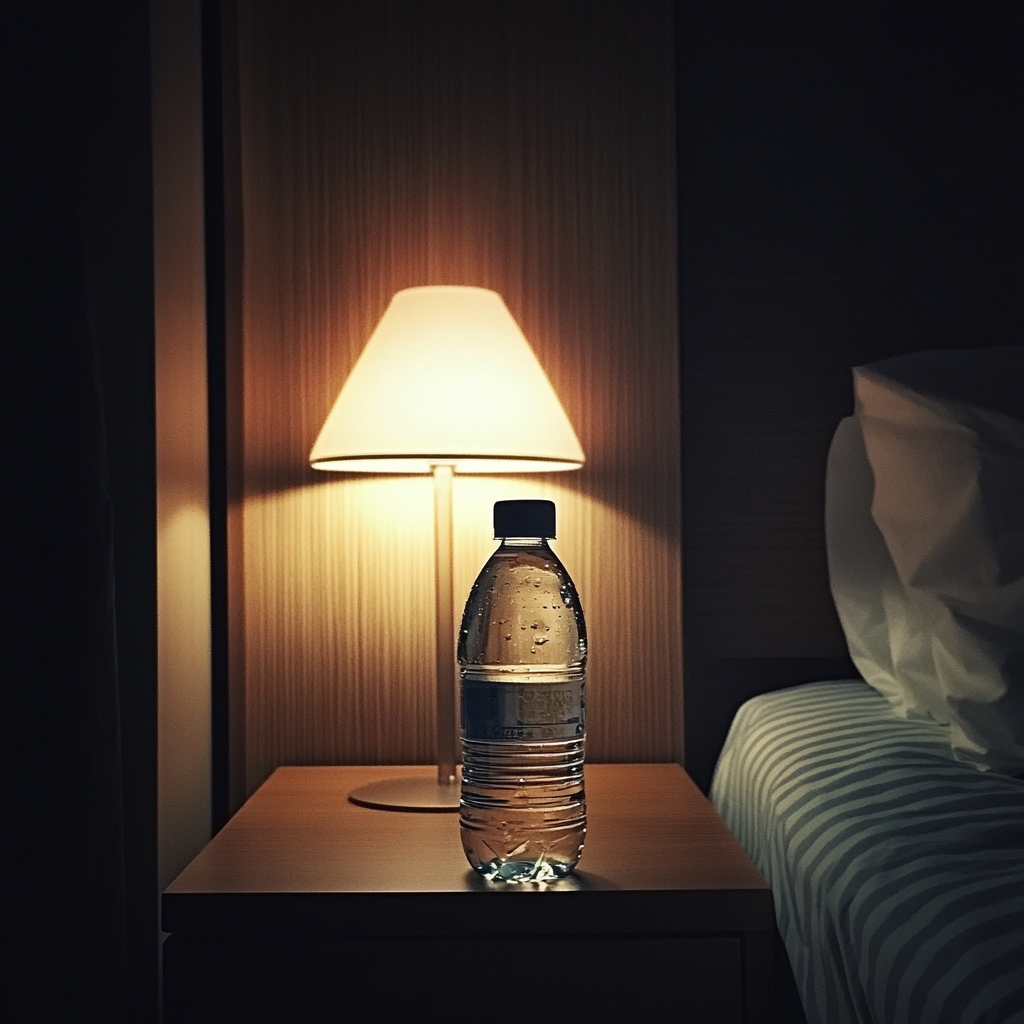 Une bouteille d'eau sur une table de nuit | Source : Midjourney