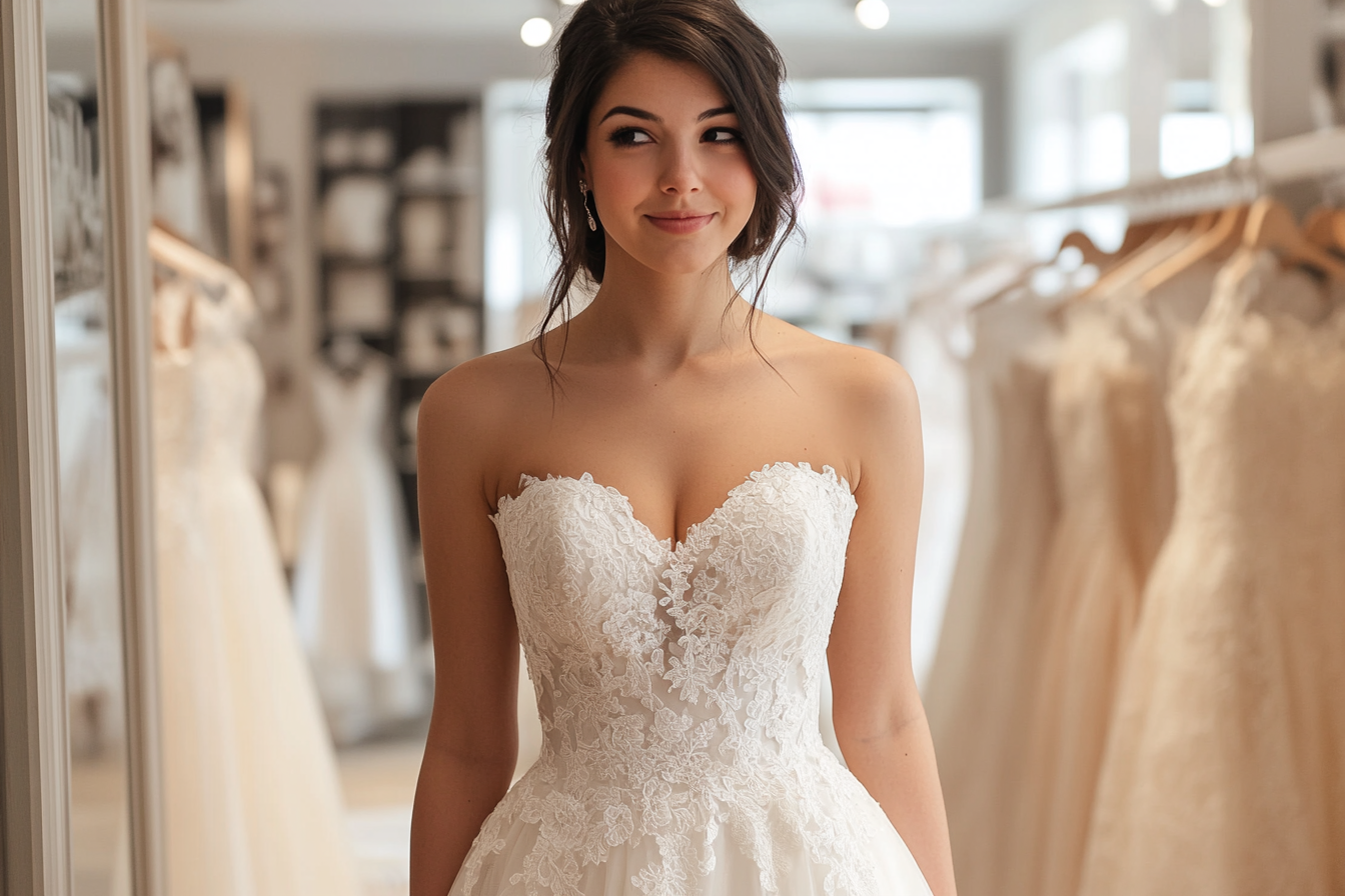 Une femme essayant une robe de mariée dans un magasin | Source : Midjourney