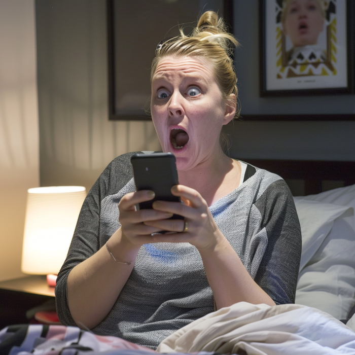 Une femme choquée vérifie un téléphone portable | Source : Midjourney