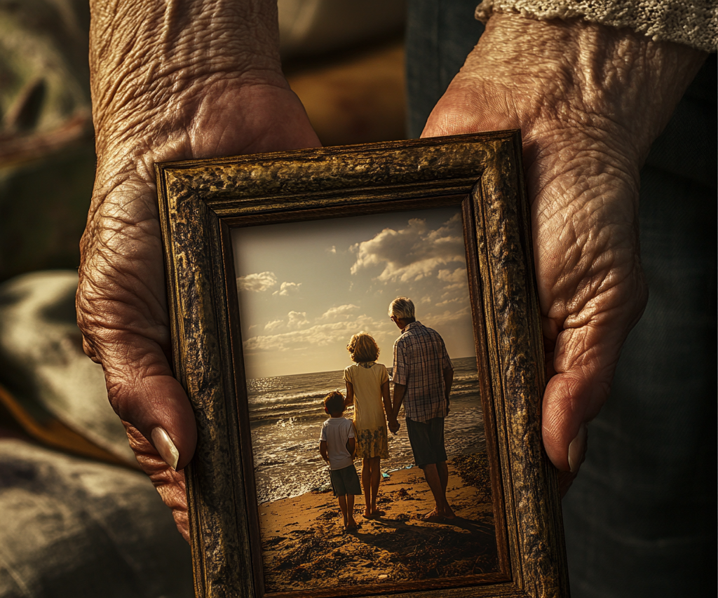 Une dame âgée tenant une photo encadrée d'un jeune couple avec un petit garçon | Source : Midjourney