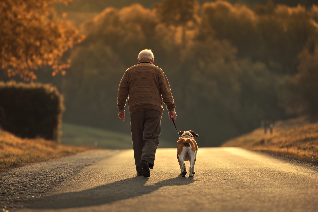 Un homme âgé marchant avec son chien de compagnie sur la route | Source : Midjourney