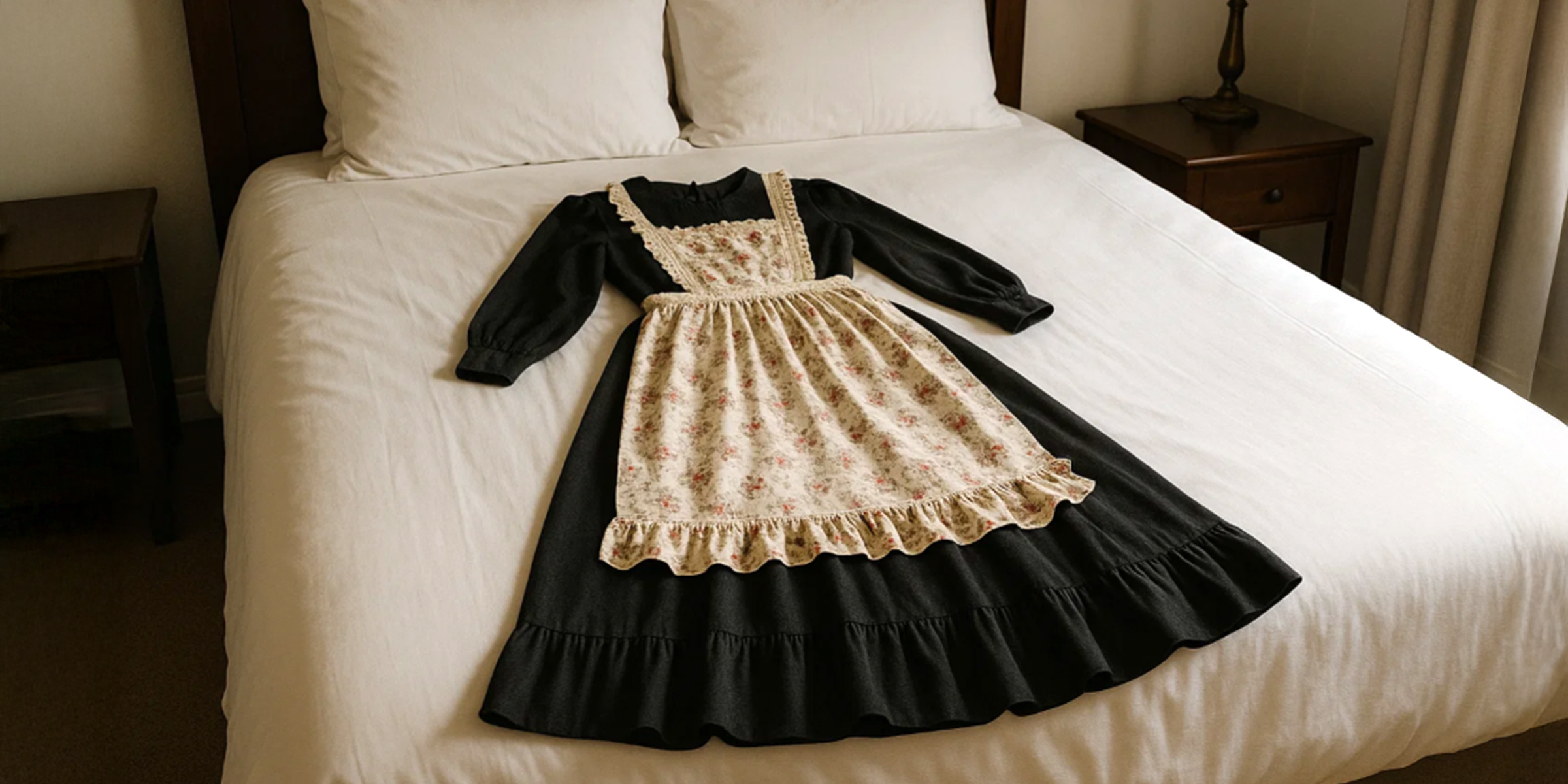 Une robe noire et un tablier à froufrous posés sur un lit | Source : The Celebritist