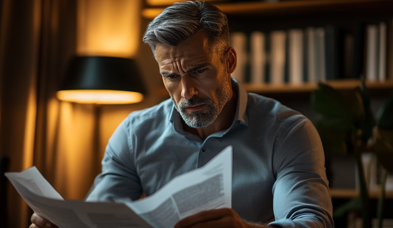 Un homme dans un bureau à domicile, des documents à la main | Source : Midjourney
