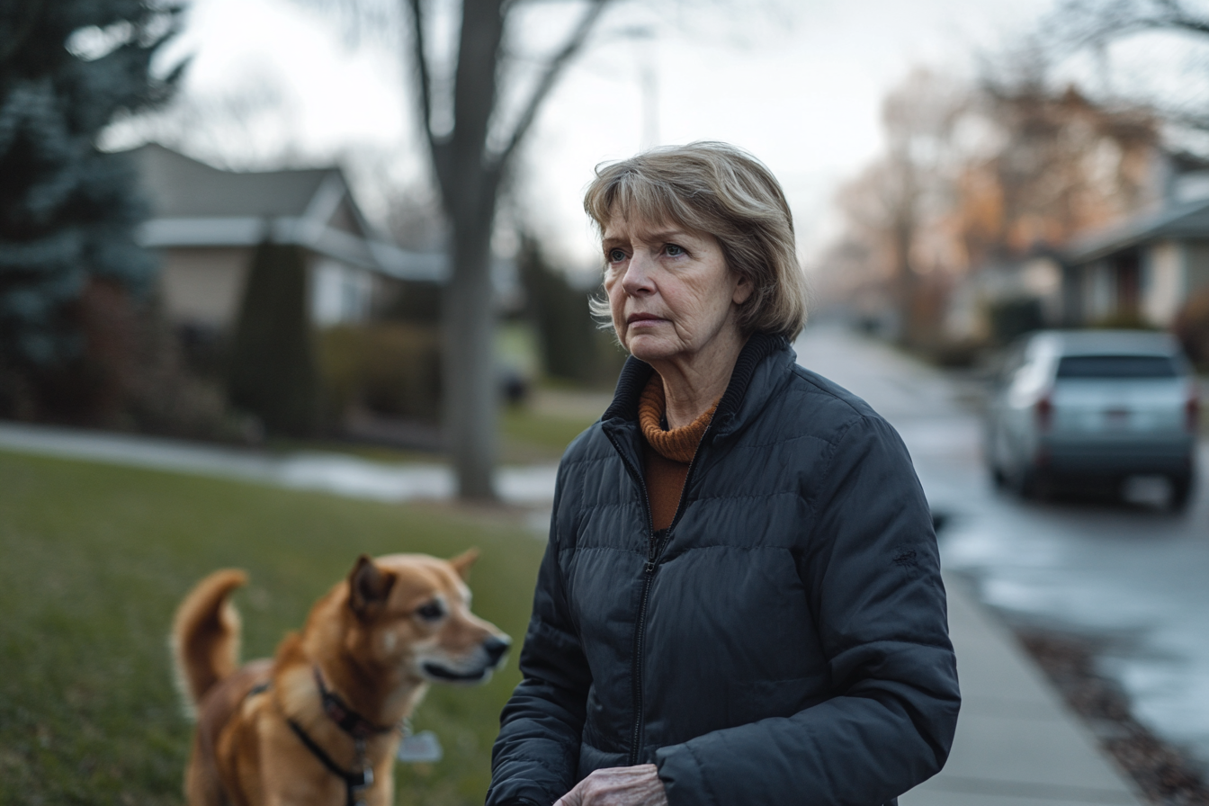 Une femme promenant son chien dans la banlieue | Source : Midjourney