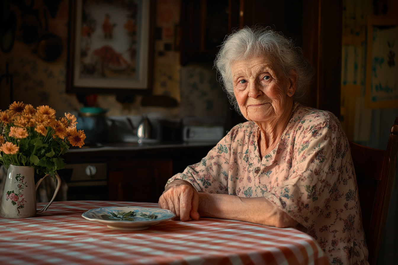 Une femme âgée assise à une table de cuisine | Source : Midjourney