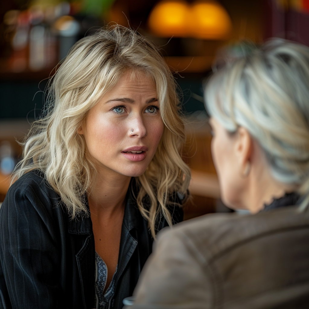 Une jeune femme bouleversée discutant avec une femme plus âgée dans un café | Source : Midjourney