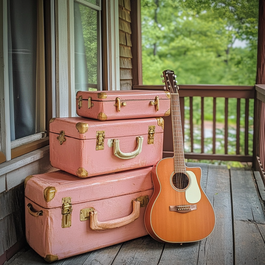 Des valises bouclées et une guitare sous un porche | Source : Midjourney