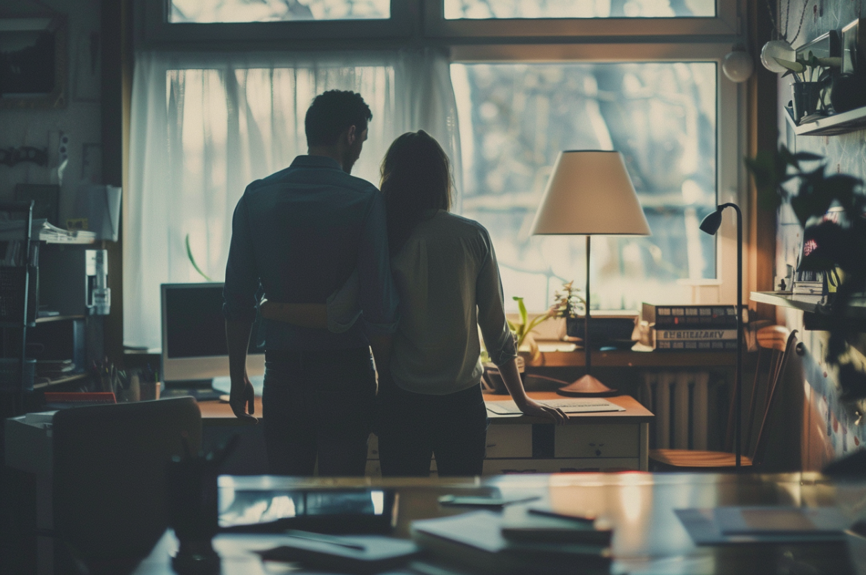 Un couple se tenant ensemble dans leur maison | Source : Midjourney