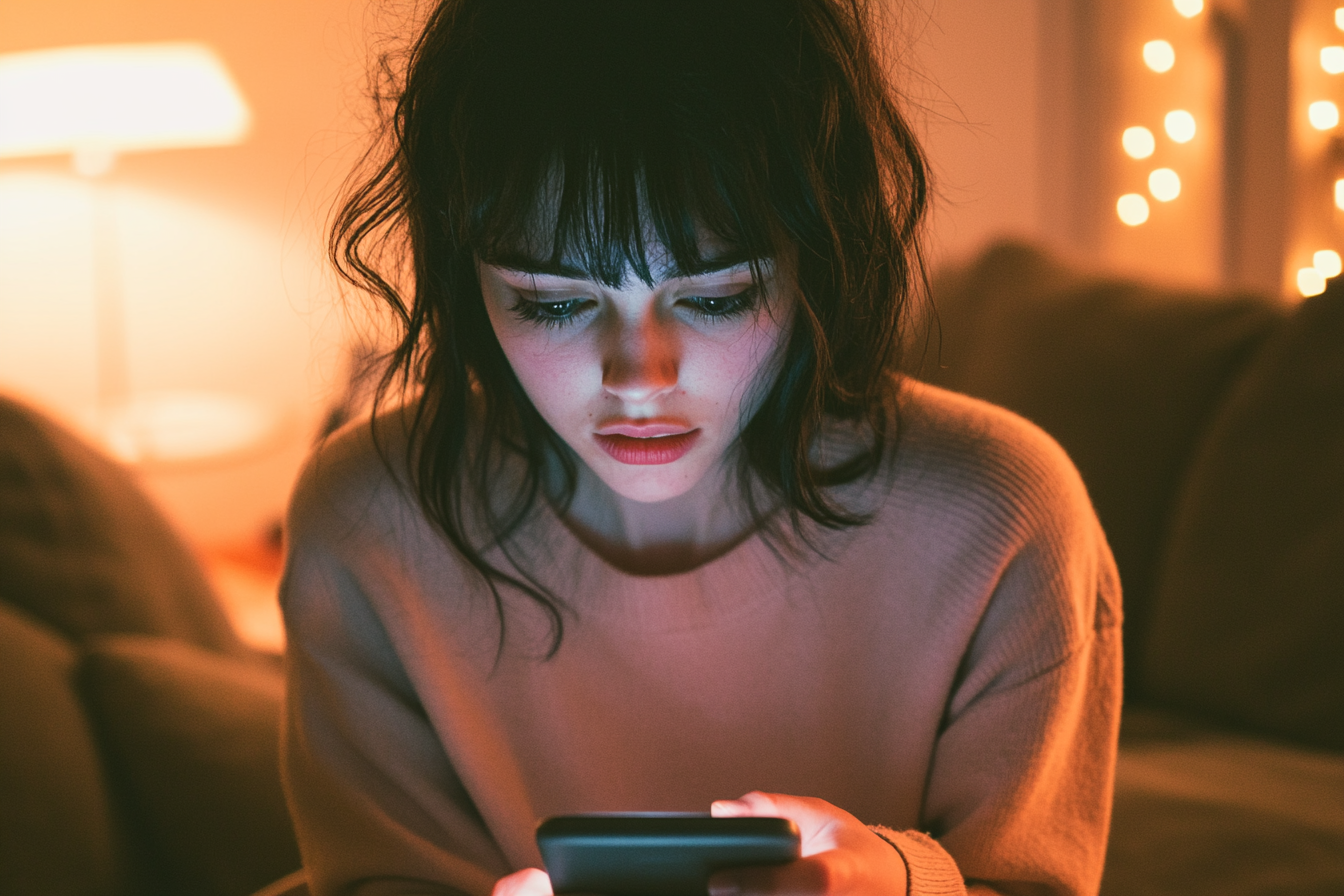 Une femme émotive qui tape sur son téléphone | Source : Midjourney