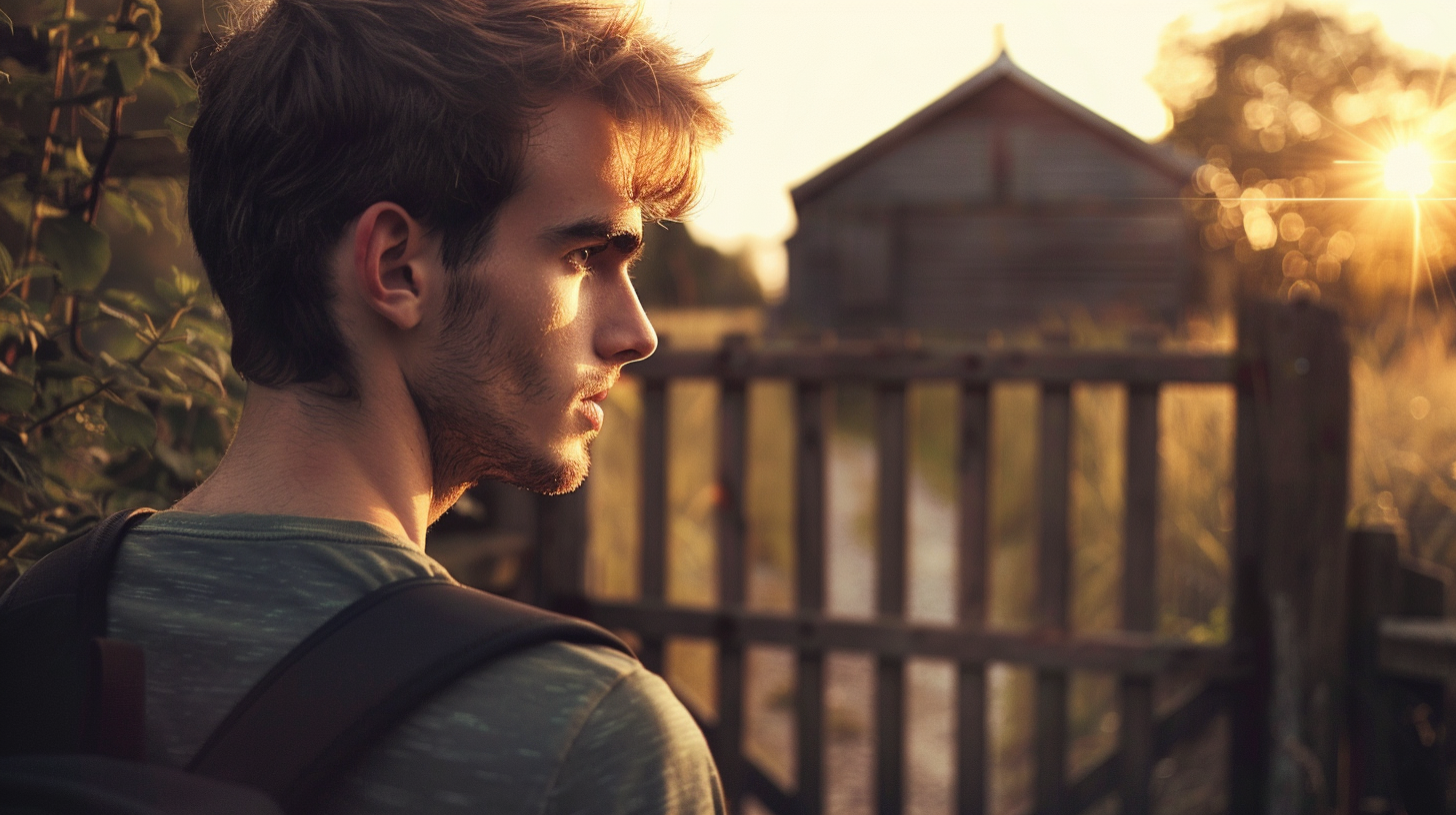 Un jeune homme debout devant un chalet | Source : Midjourney