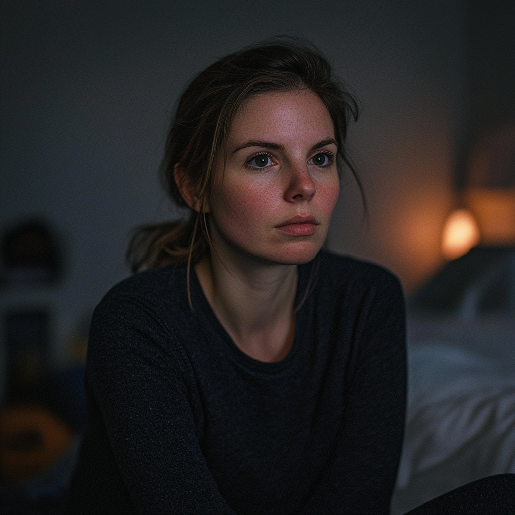 Une femme sérieuse assise dans la chambre de son fils | Source : Midjourney